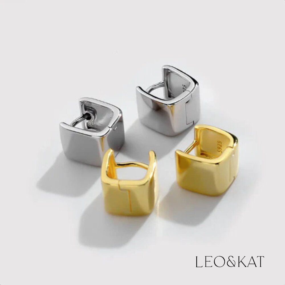 Extra Chunky Gold Square Huggie Earrings.  925 Sterling Silver. #1057 - Picture 7 of 7